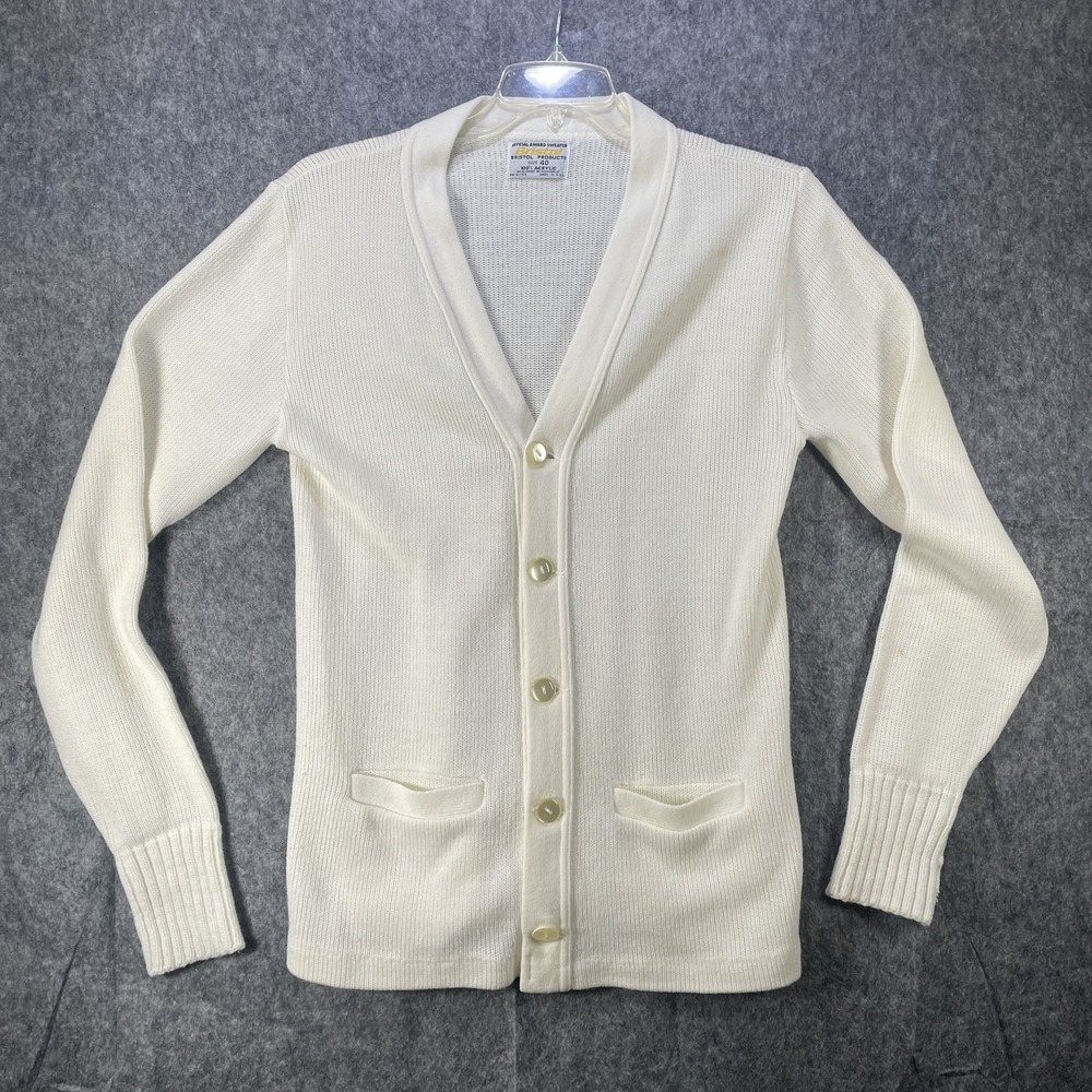 Vintage Bristol Sweater Mens 40 White Acrylic Cardigan Pockets Made USA 70s